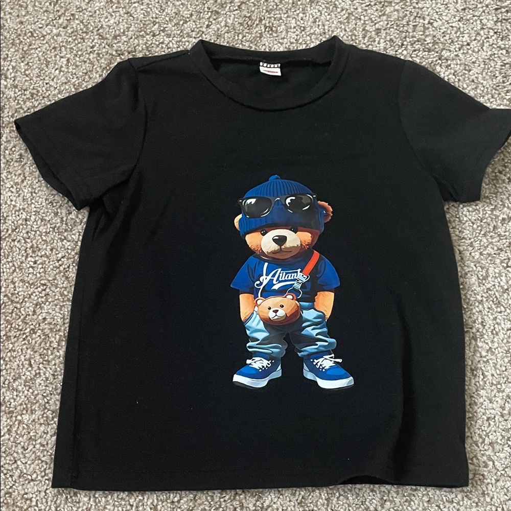 Black Kids T-Shirt with Bear Graphic